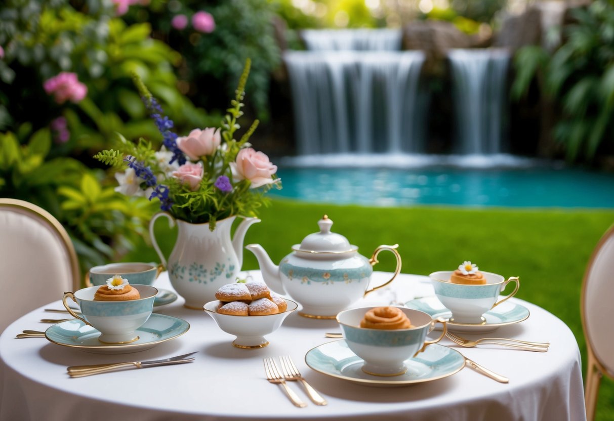 A table set with delicate teacups, pastries, and flowers in a lush garden setting at Utopia @ Waterfall Gully