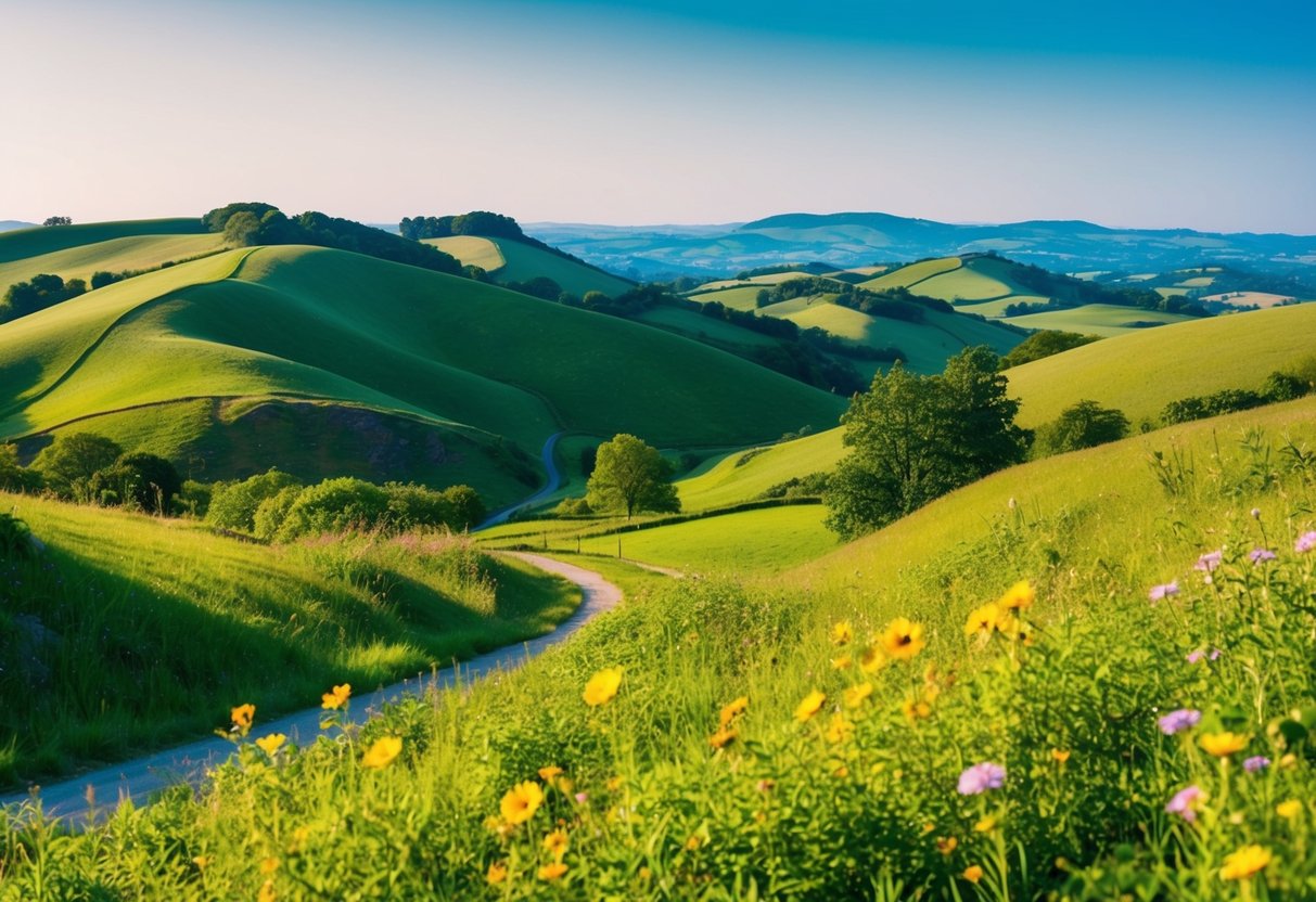A serene landscape with rolling hills, lush greenery, winding paths, and colorful wildflowers, all under a clear blue sky