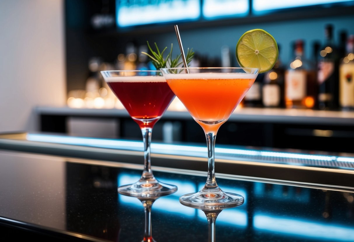 Two cocktails on a sleek bar top with modern decor