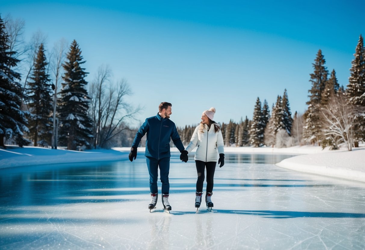 A couple ice skating on a frozen pond surrounded by snow-covered trees under a clear blue sky in Edmonton