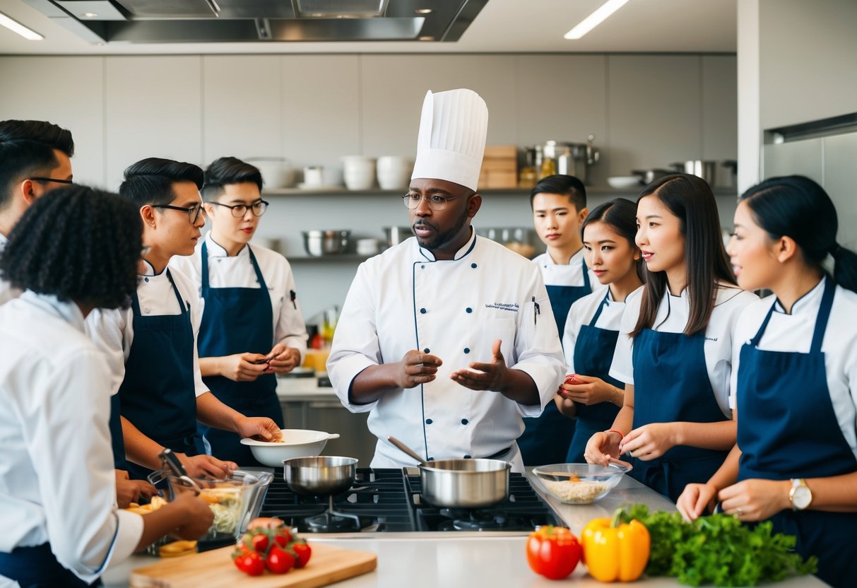 A chef instructs a group of students in a modern, well-equipped kitchen. Ingredients and utensils are neatly arranged on the counters