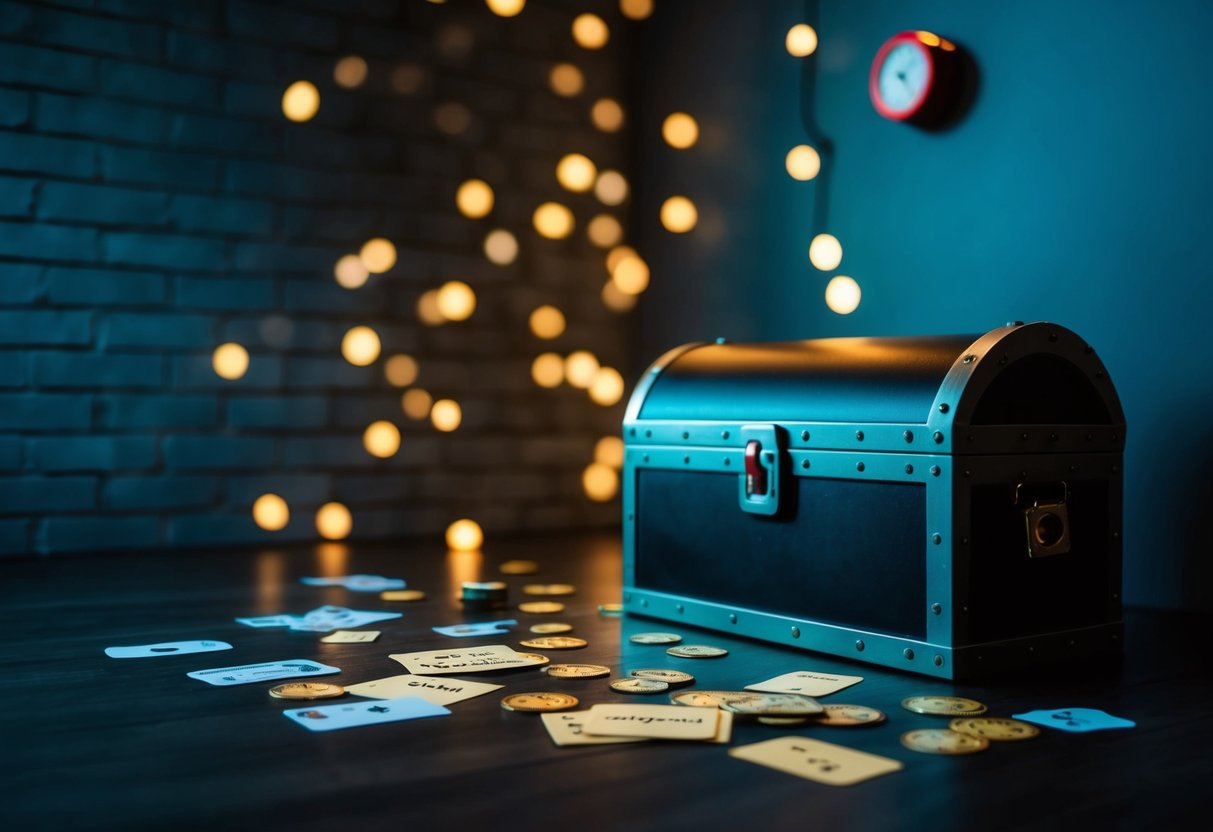 A dimly lit room with scattered clues, a locked chest, and a ticking timer on the wall