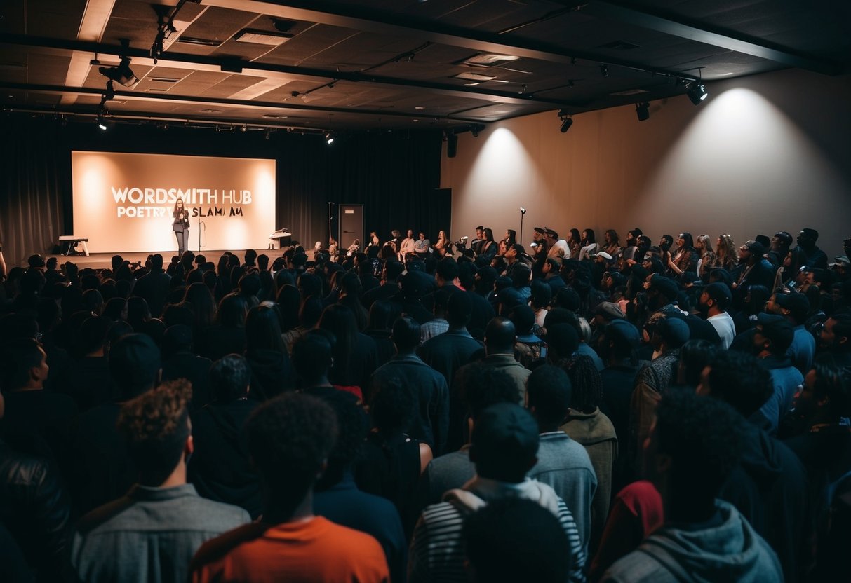 A crowded room with dim lighting, a stage, and a microphone at the Wordsmith Hub for a Poetry Slam event