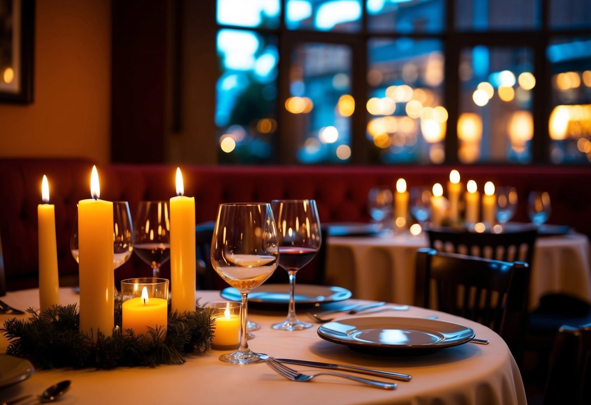 A cozy table set with candles and wine glasses, surrounded by the warm ambiance of Othello's Italian Restaurant