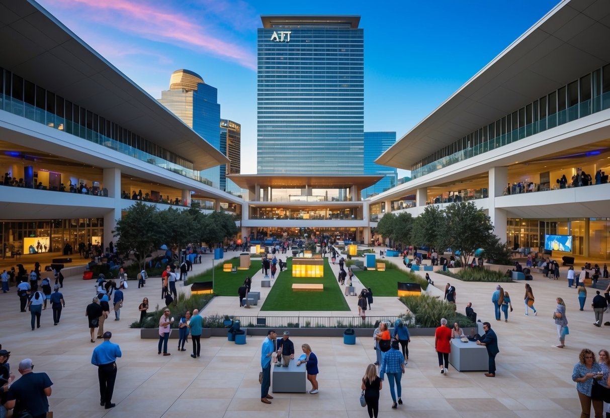 A bustling outdoor plaza surrounded by modern architecture with people enjoying live performances and art installations at the AT&T Performing Arts Center in Dallas, Texas