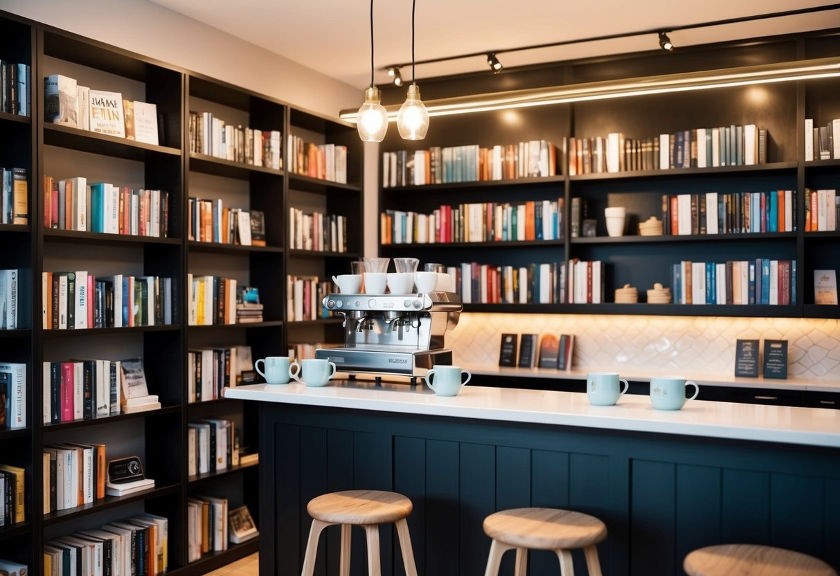 A cozy bookstore with shelves of books and a coffee bar with steaming mugs