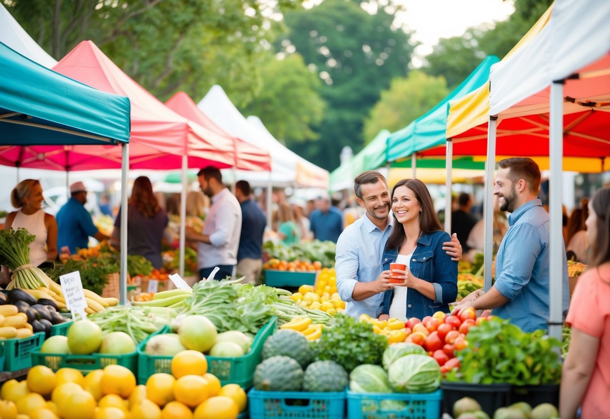 A bustling farmers market with colorful tents and fresh produce, surrounded by couples enjoying the vibrant atmosphere