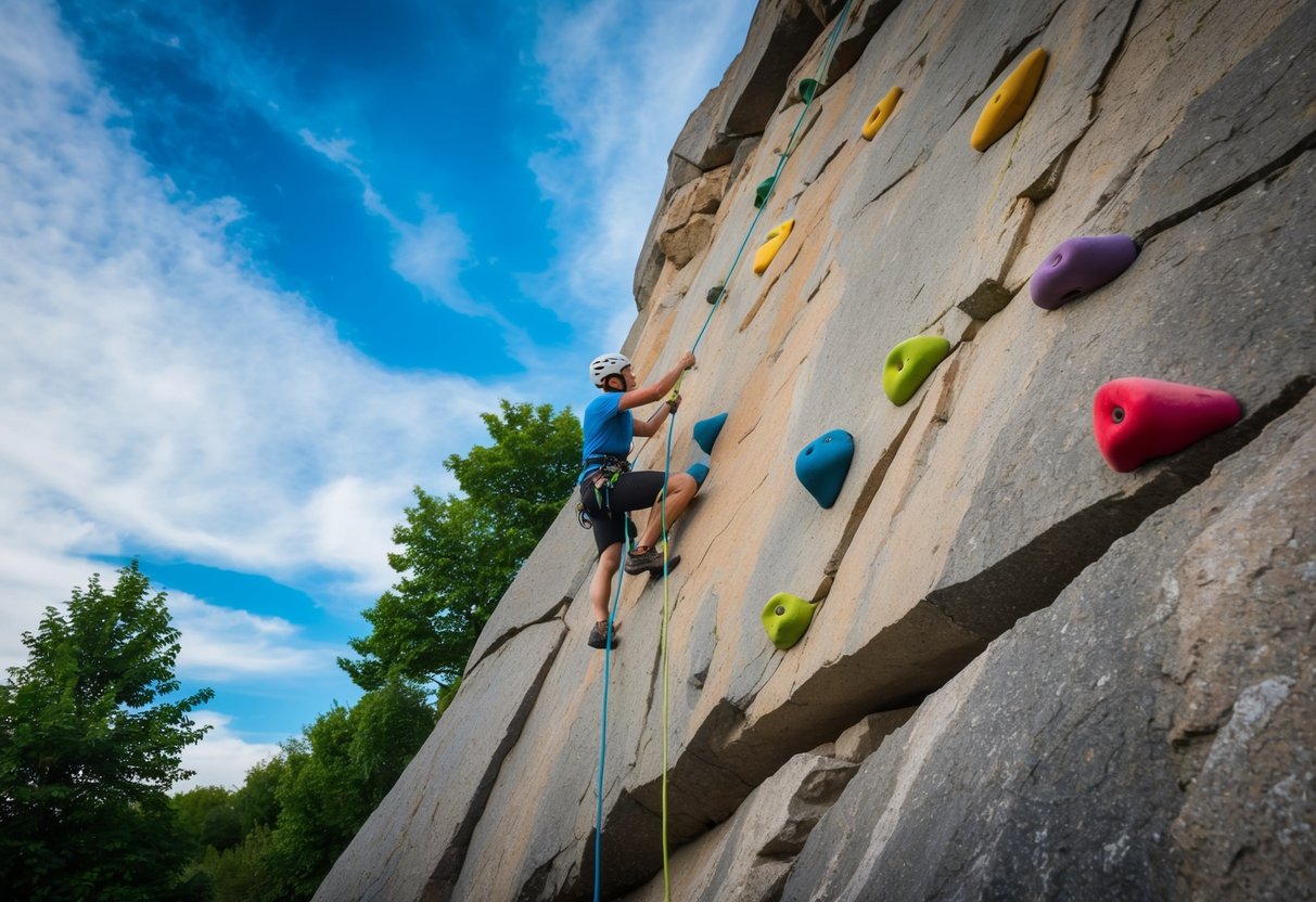 A climber conquers a steep rock face at Climb UP Edmond, with colorful holds and ropes against a backdrop of blue sky and green trees