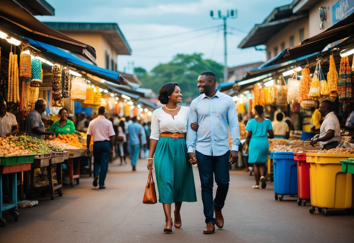 A couple strolling through the bustling markets of Accra, surrounded by colorful stalls and the sounds of local music