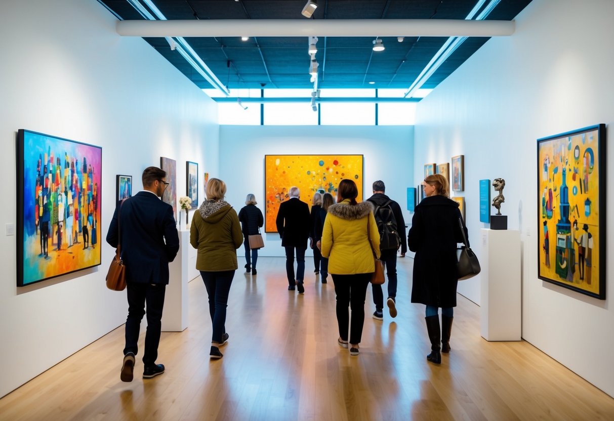 Brightly lit art gallery with colorful paintings and sculptures. Visitors stroll through the space, admiring the diverse artwork on display