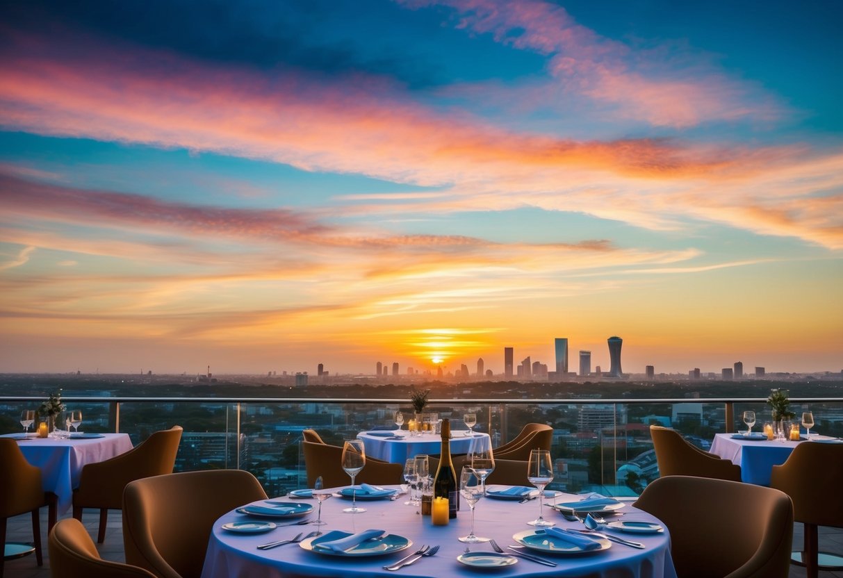A romantic sunset dinner at Skybar25, with a panoramic view of Accra's skyline and a colorful sky