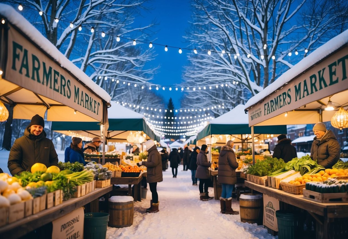 A cozy winter farmers market with stalls of fresh produce and artisanal goods, surrounded by snow-covered trees and twinkling lights
