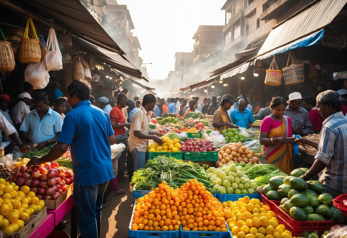 Busy Makola Market with colorful stalls, bustling crowds, and vendors selling fresh produce and handmade crafts. Sunlight filters through the chaotic scene