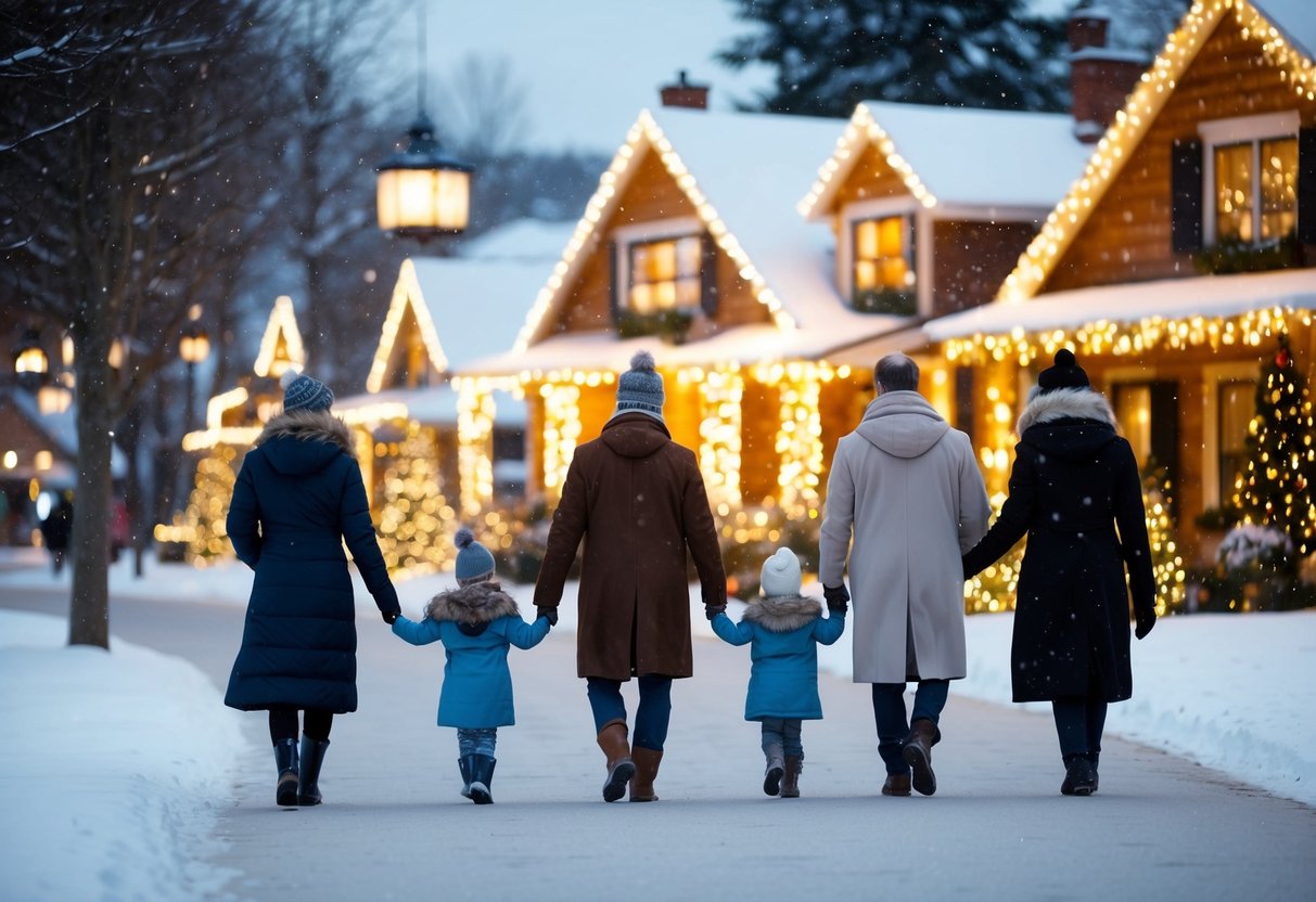 Families stroll past glowing houses, wrapped in twinkling lights and festive decorations, as snow softly falls, creating a magical winter wonderland