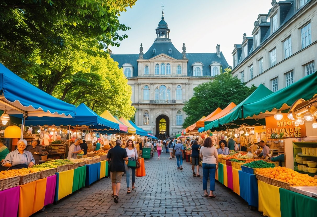 A vibrant outdoor market with colorful stalls and lively music, surrounded by historic buildings and lush greenery