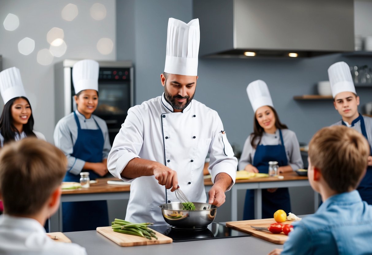 A chef demonstrates cooking techniques in a modern kitchen classroom with students watching and learning