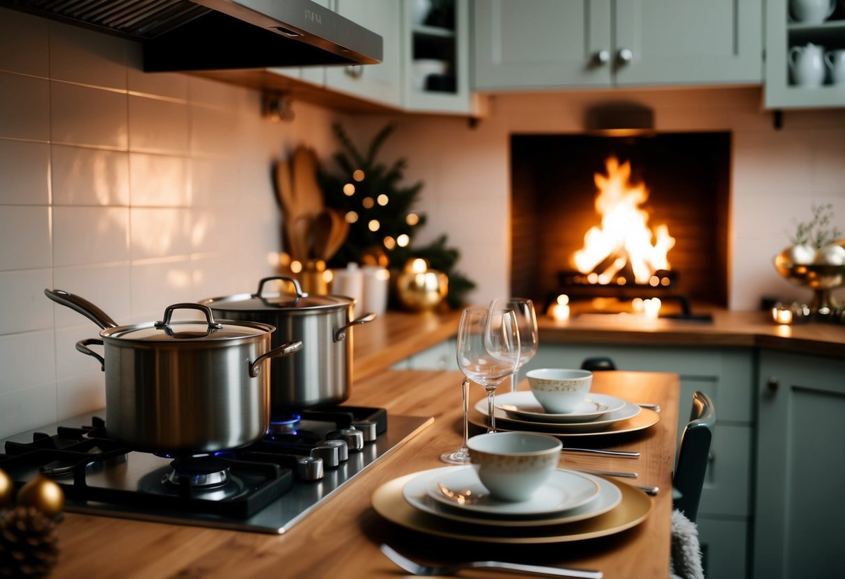 A cozy kitchen with a crackling fire, pots simmering on the stove, and a festive table set for two