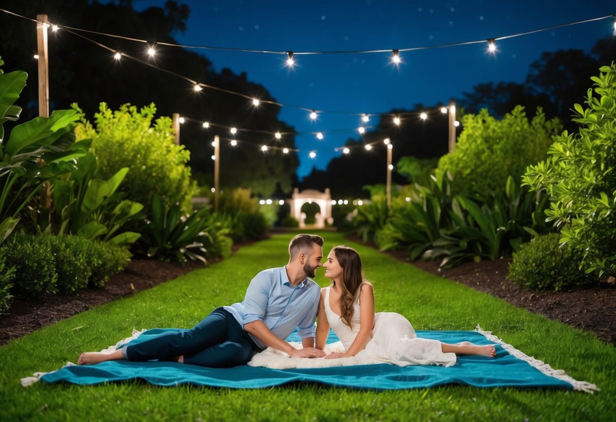A couple lays on a blanket under the night sky at Legon Botanical Gardens, surrounded by lush greenery and twinkling stars
