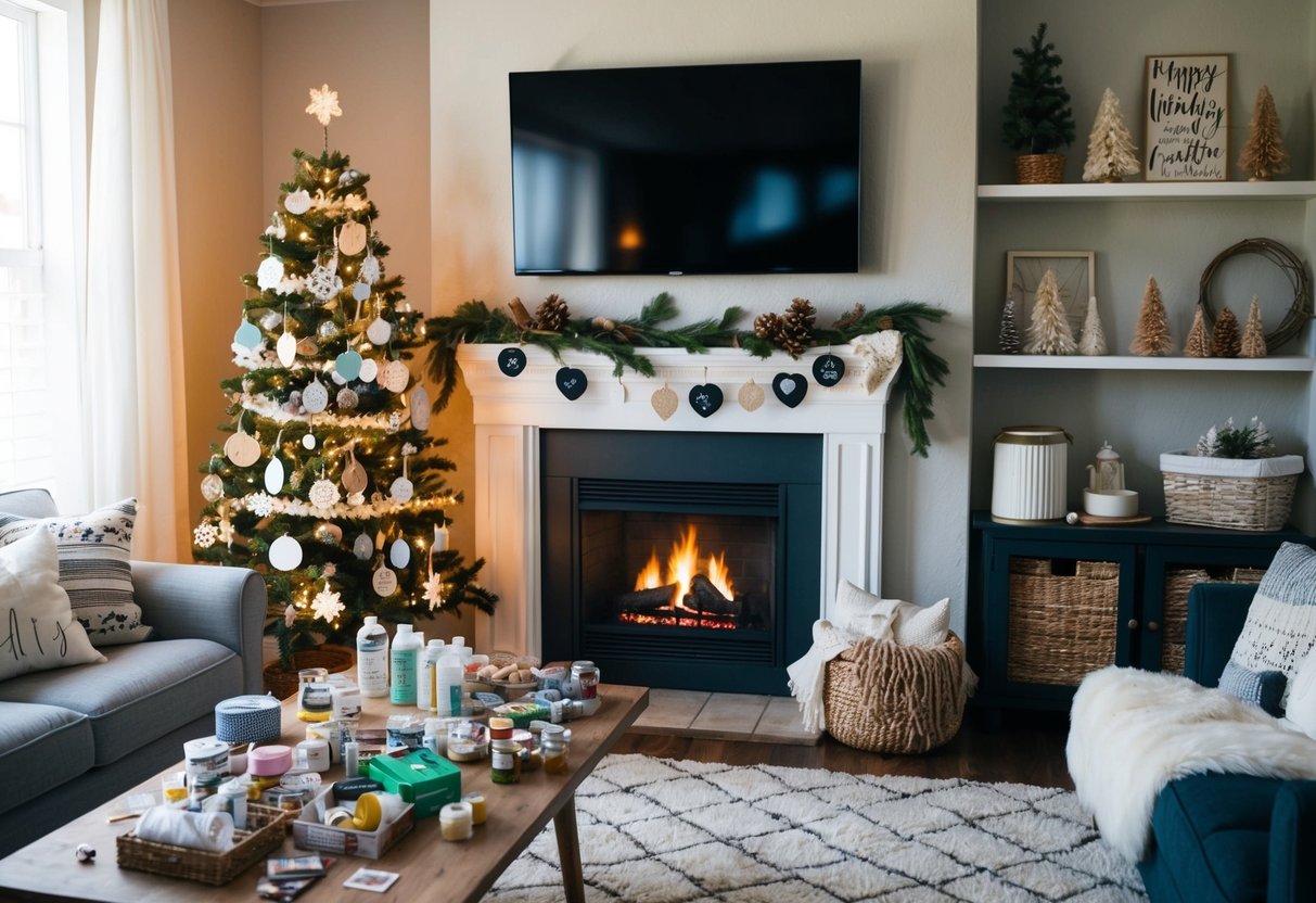A cozy living room with a crackling fireplace, a table covered in DIY crafting supplies, and handmade winter decorations adorning the walls and shelves