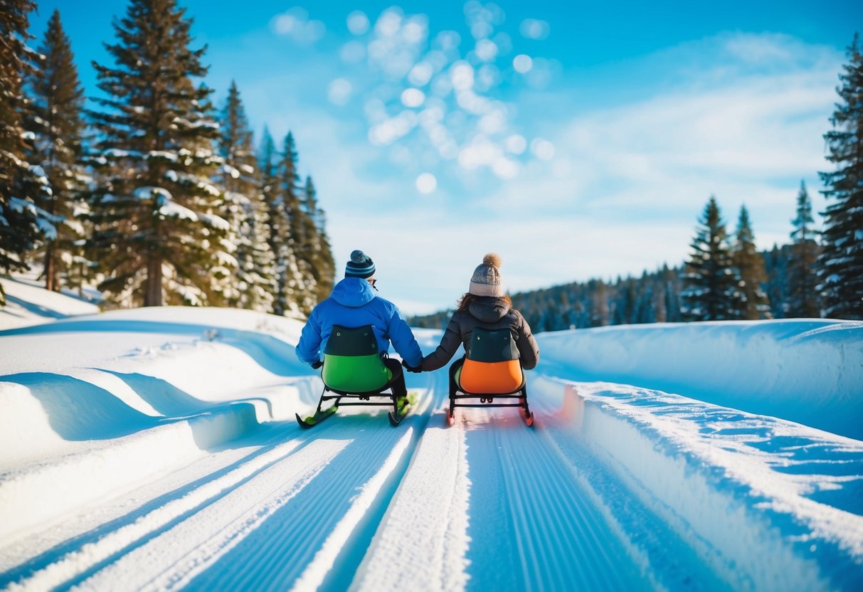 A couple sleds down a snowy hill, surrounded by pine trees and a clear blue sky