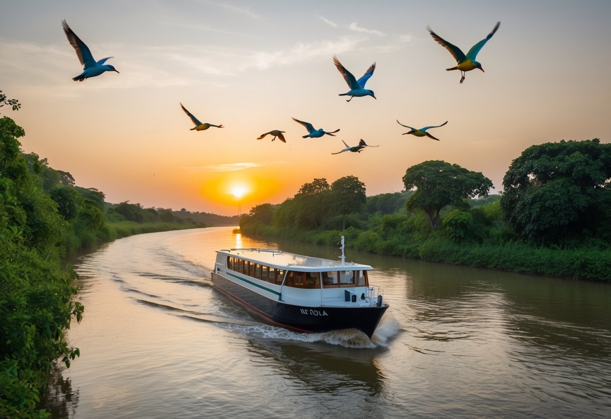 A boat glides along the Volta River, surrounded by lush greenery and colorful birds flying overhead. The sun sets in the distance, casting a warm glow over the water