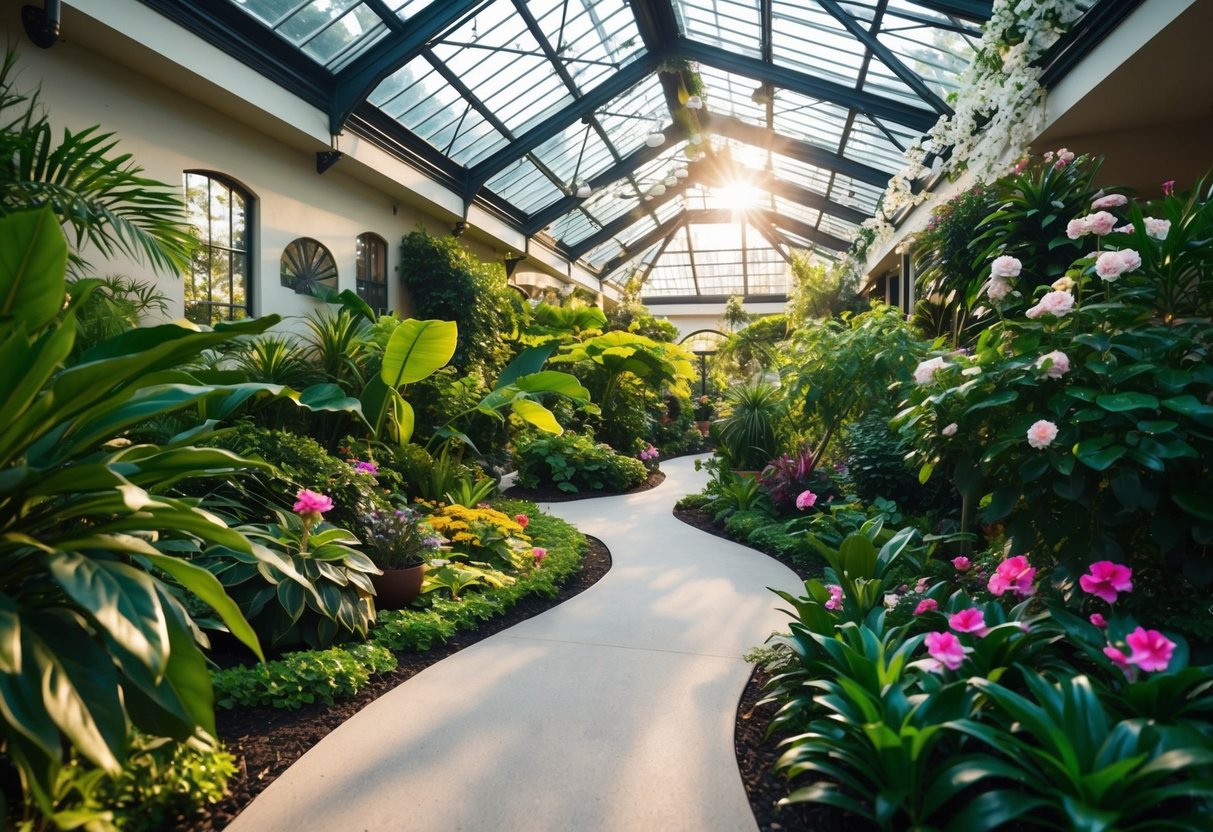 A cozy indoor botanical garden with lush greenery, blooming flowers, and winding paths. Sunlight streams through the glass ceiling, casting a warm glow over the tranquil setting