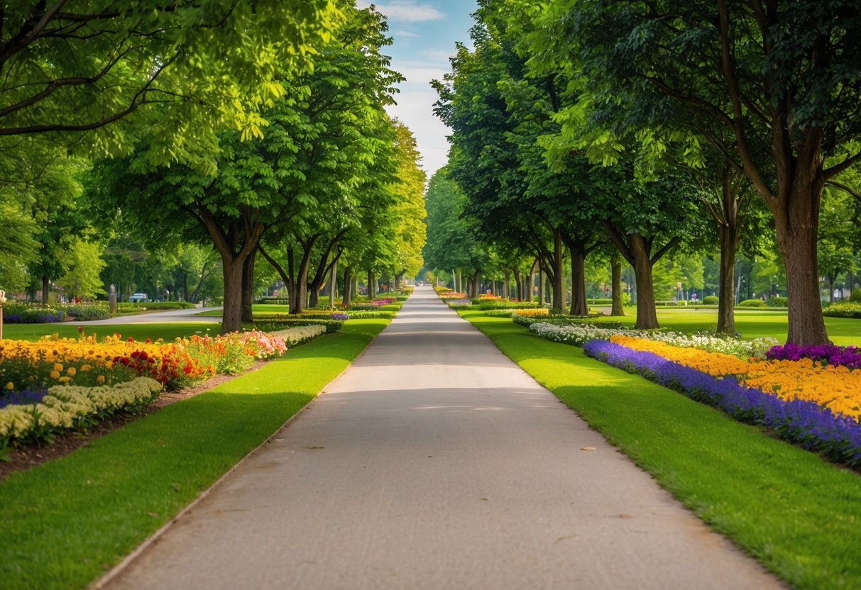 A charming pathway winds through a lush park, with colorful flowers and tall trees creating a serene atmosphere for a leisurely stroll