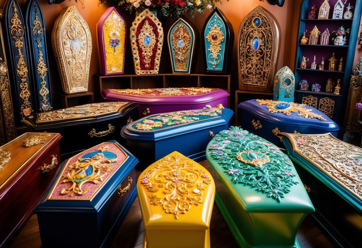 A whimsical shop filled with elaborate fantasy coffins in various shapes and sizes, adorned with colorful designs and intricate carvings