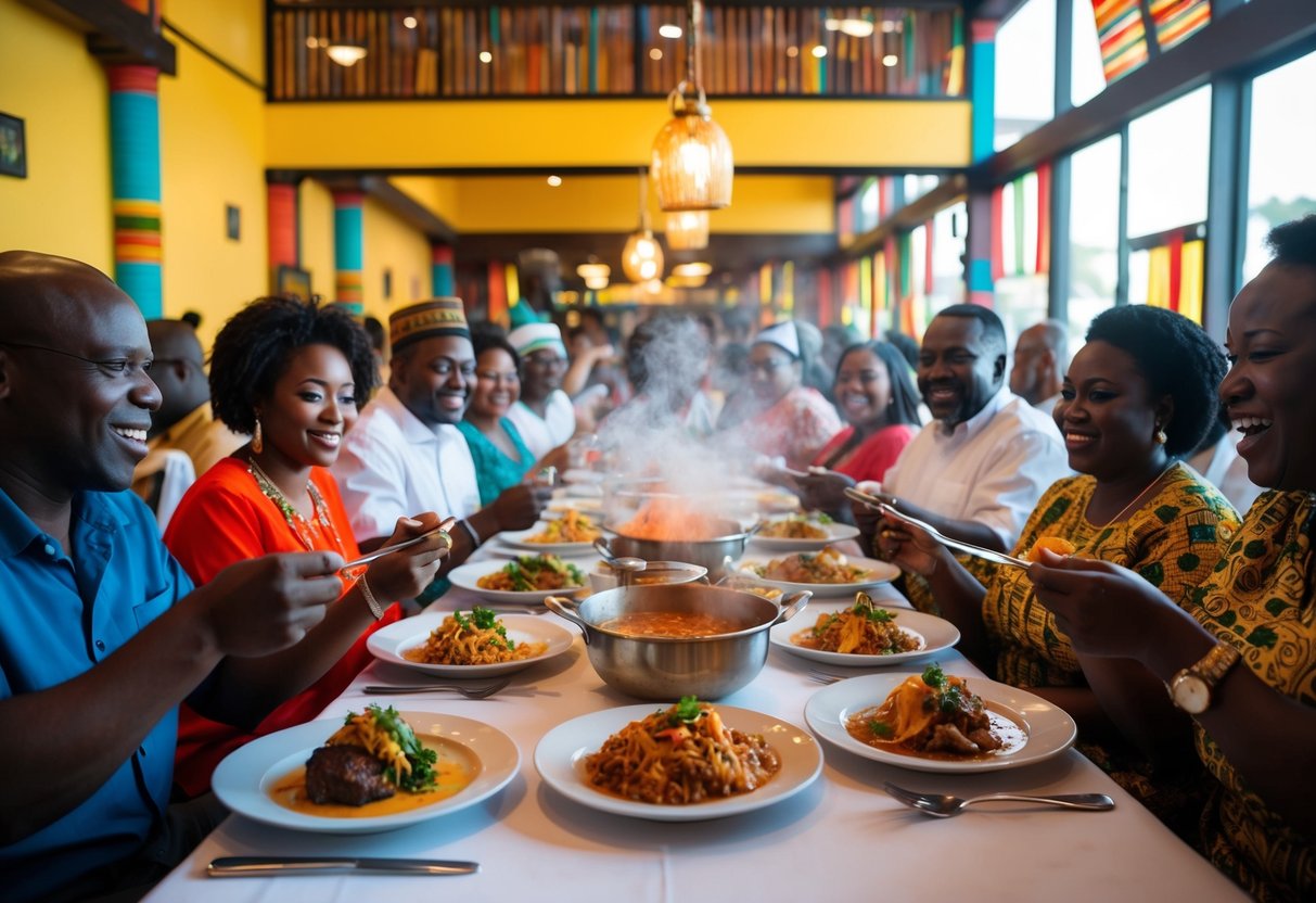 A bustling restaurant with colorful decor and steaming plates of traditional Ghanaian dishes being served to excited patrons