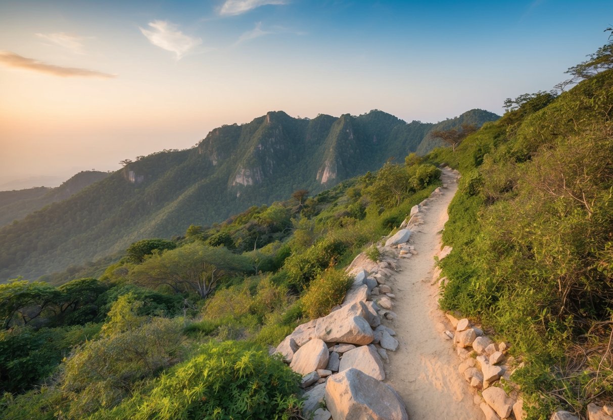 Hiking trail through rocky terrain with lush vegetation and wildlife at Shai Hills Reserve