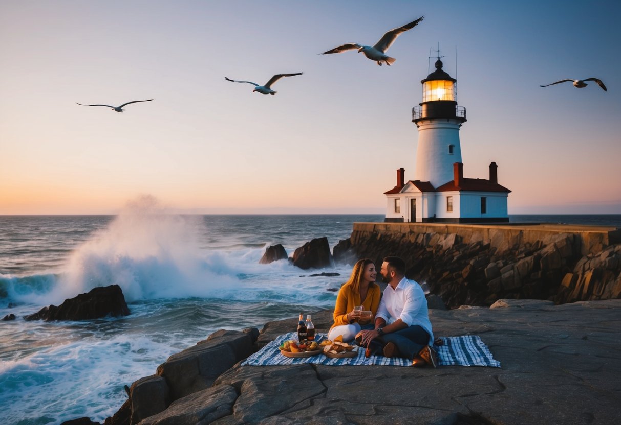 A couple enjoys a sunset picnic by the Jamestown Lighthouse, overlooking the ocean. Waves crash against the rocks as seagulls circle overhead