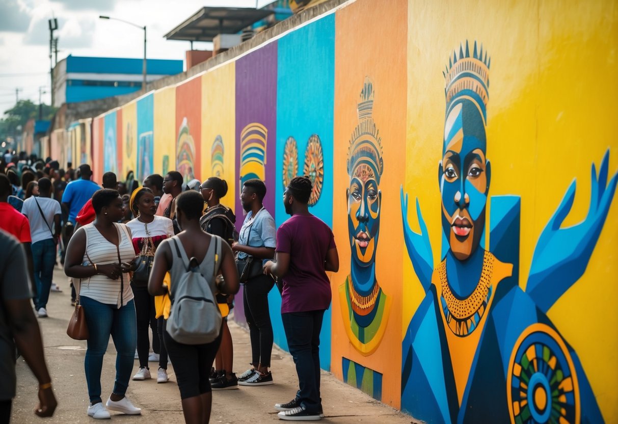 Colorful murals cover the walls of a bustling street, with people admiring the vibrant artwork at the Chale Wote Street Art Festival in Accra