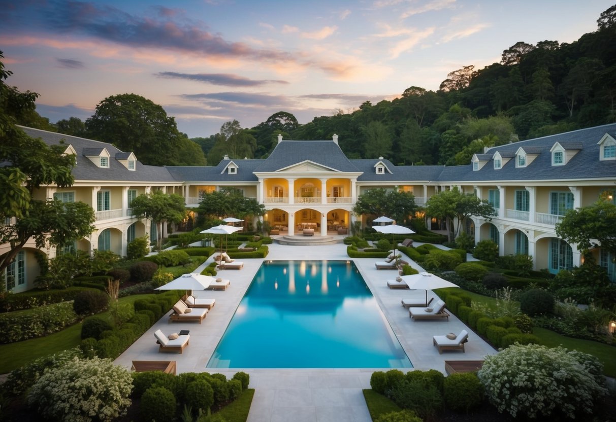 A tranquil spa resort with lush gardens, a serene pool, and elegant architecture nestled in a picturesque setting