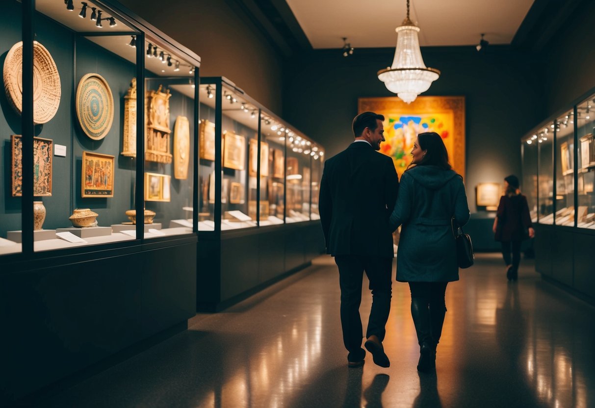 A couple walks through a dimly lit museum, admiring ancient artifacts and colorful artwork. The soft glow of display lights creates a romantic ambiance