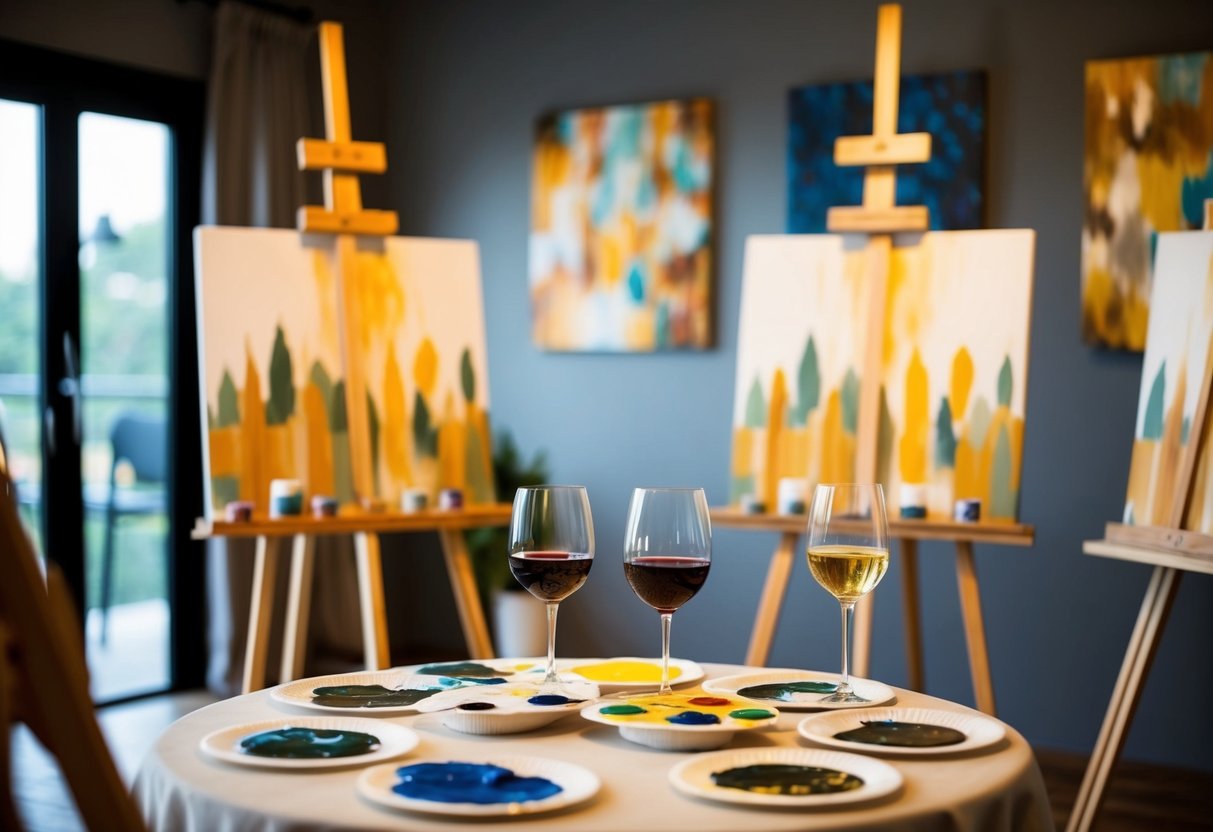 A cozy art studio with easels, paint palettes, and wine glasses set up for a paint-and-sip class in Accra