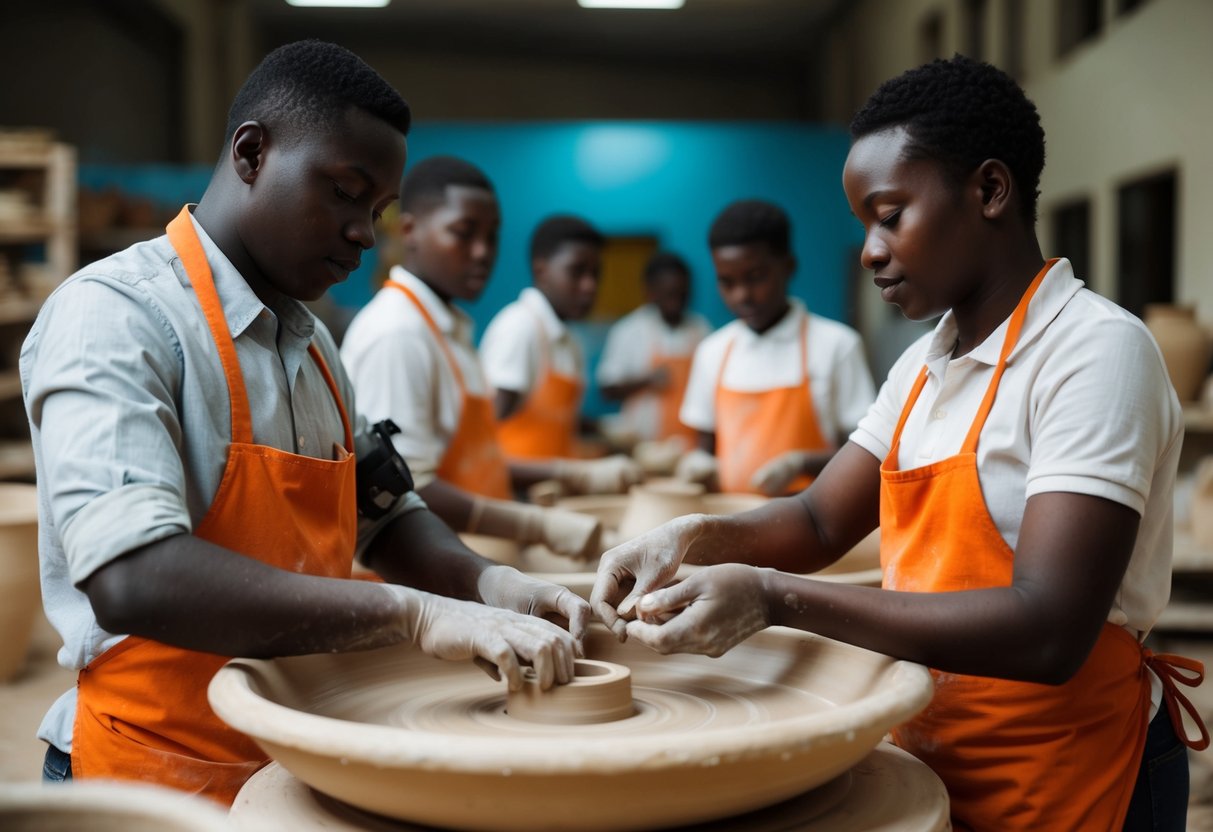 Pottery wheels spinning as students sculpt clay at House of Clay in Accra