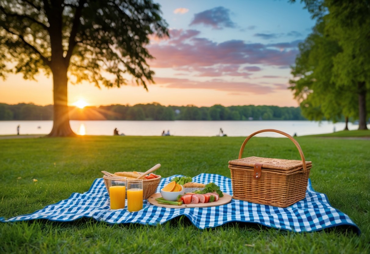 A picnic in a park with a checkered blanket, a basket of food, and a view of the sunset over a lake