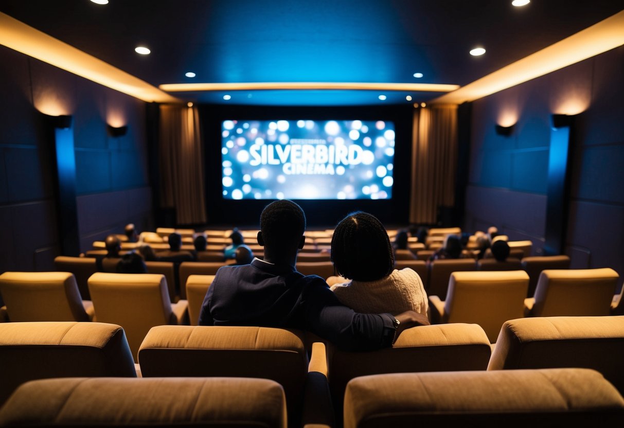 A couple sits in a darkened theater, watching a movie on the big screen at Silverbird Cinema in Accra. The room is filled with the glow of the screen and the sound of the film