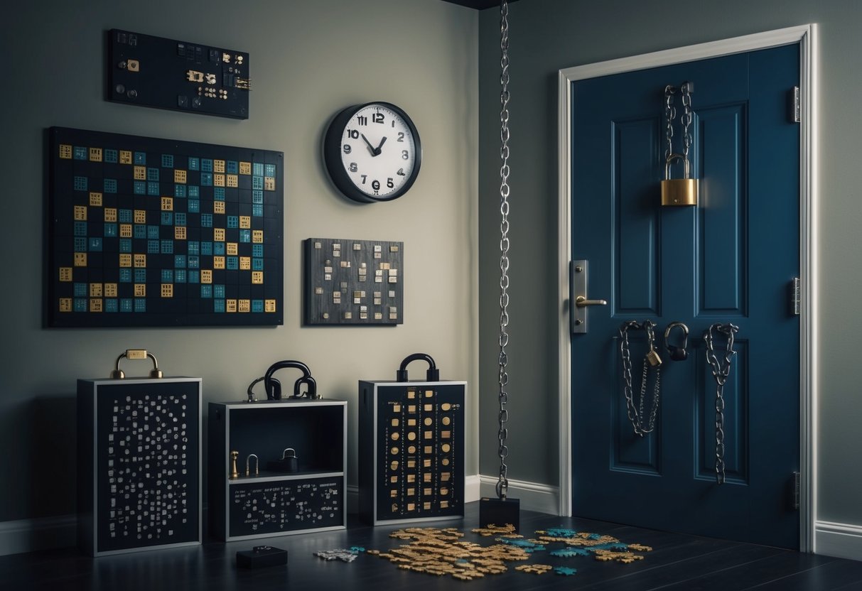 A dimly lit room with various puzzles and locks, a countdown clock on the wall, and a door with multiple locks and chains