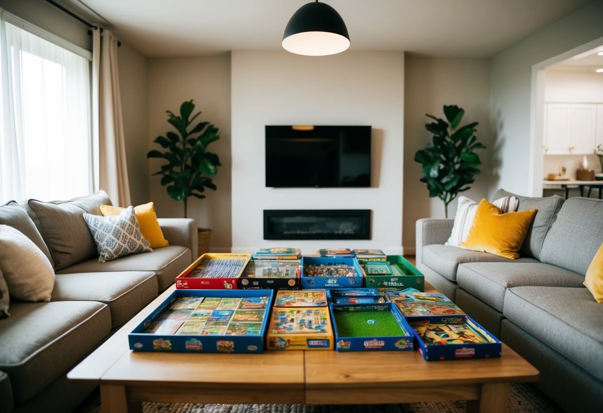 A cozy living room with a table covered in board games, surrounded by comfortable seating and soft lighting