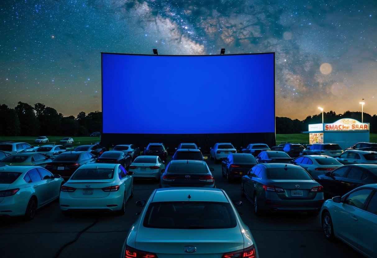 Cars parked in rows facing a large outdoor screen. Snack bar and concession stand in the background. Starry night sky overhead
