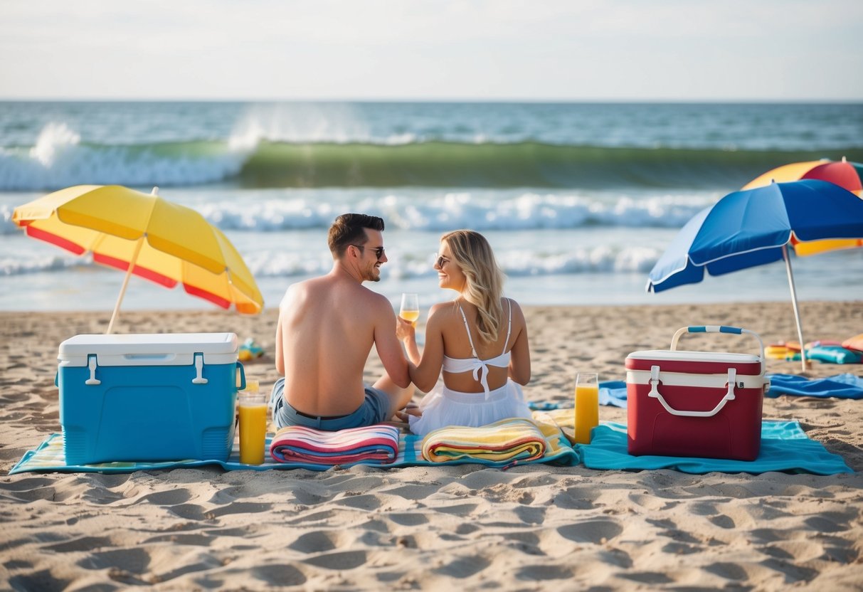 A couple picnicking on a sandy beach, surrounded by colorful towels, beach umbrellas, and a cooler. Waves gently crash in the background