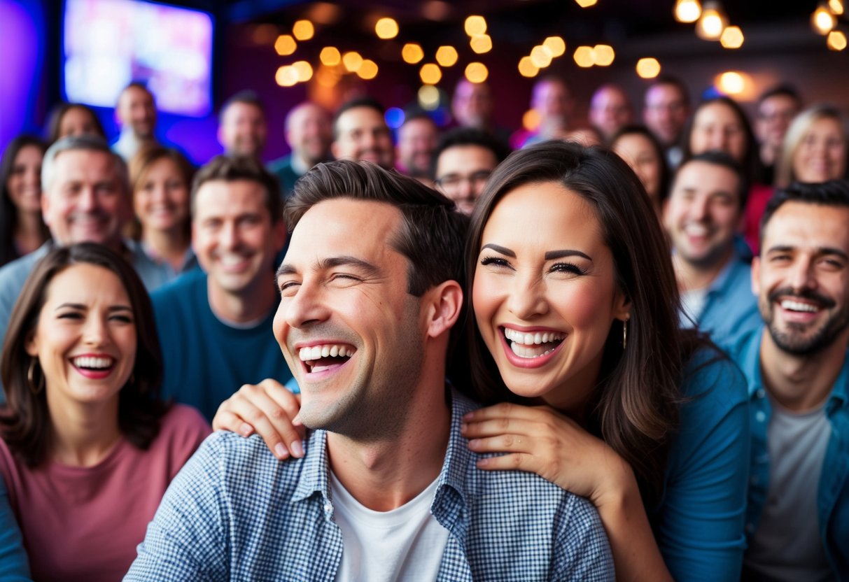 A couple laughing together at a comedy club, surrounded by a crowd of smiling adults