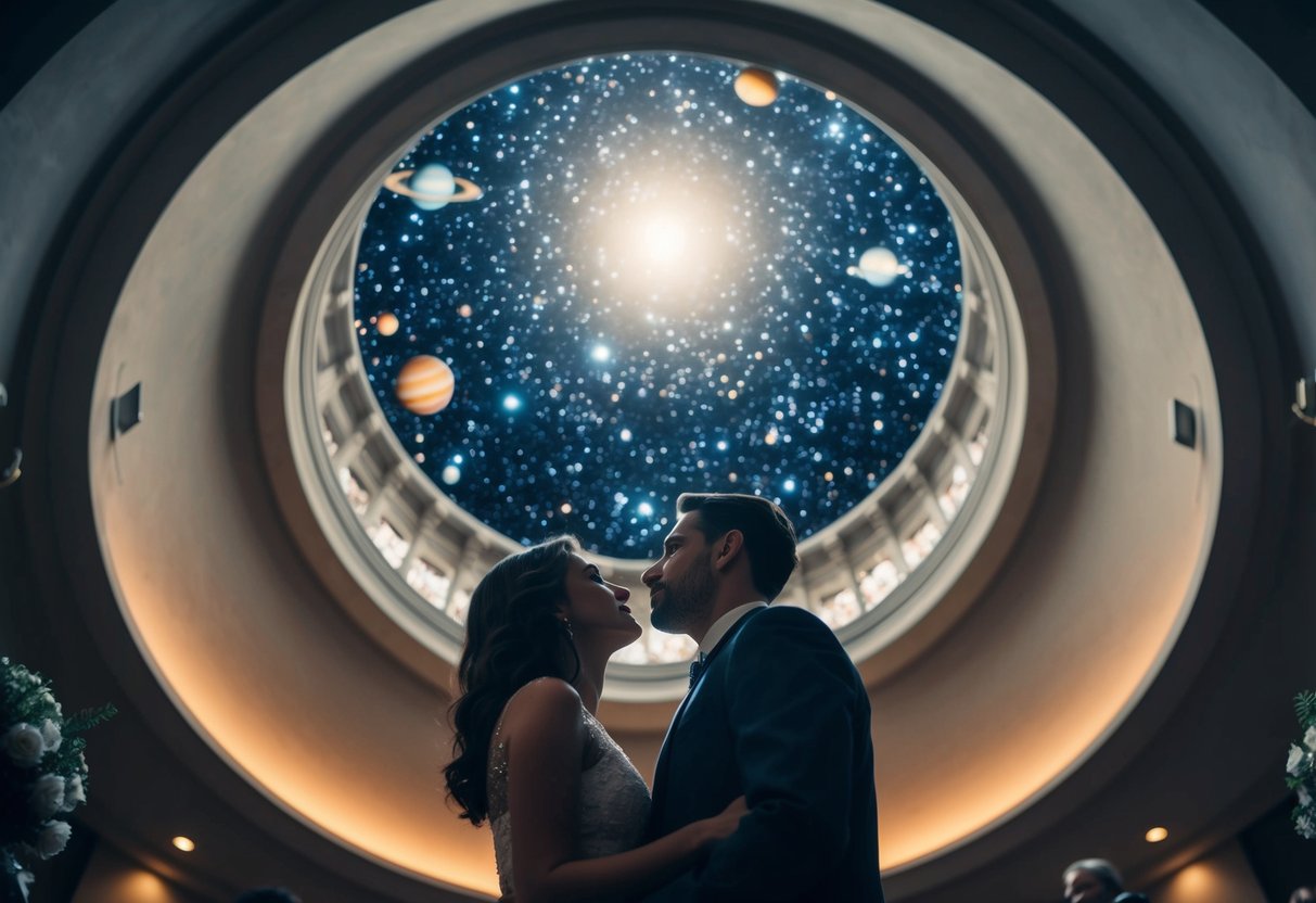 A couple gazes up at a domed ceiling filled with twinkling stars and planets, surrounded by dim lighting and hushed voices