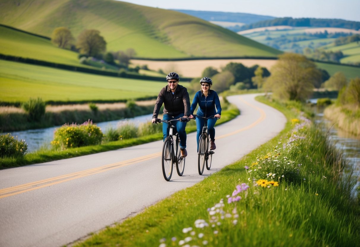 A couple bikes through a serene countryside, passing by rolling hills, blooming flowers, and a winding river