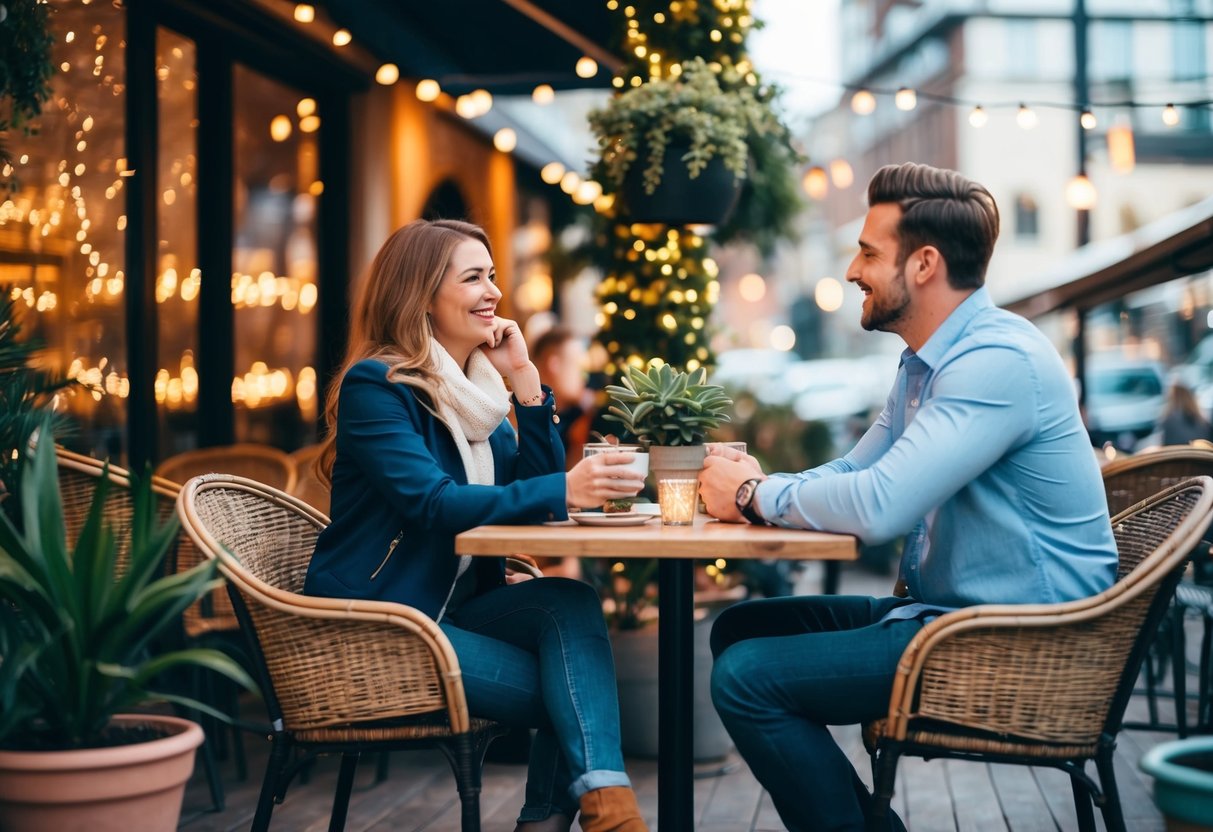 A couple sitting at a cozy outdoor cafe, surrounded by fairy lights and potted plants, engaged in lively conversation