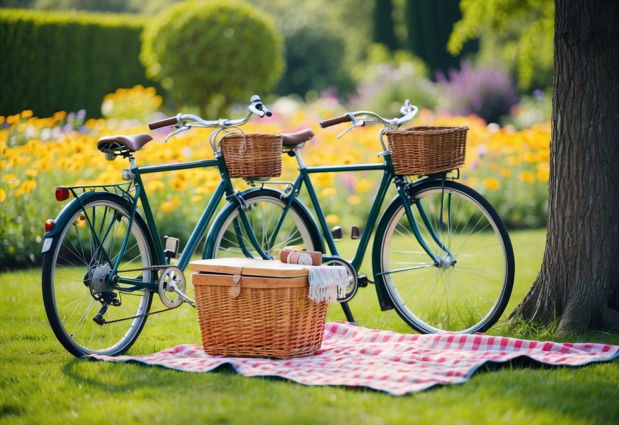 A picnic in a blooming garden with a checkered blanket, a wicker basket, and a vase of wildflowers. Two bicycles lean against a tree