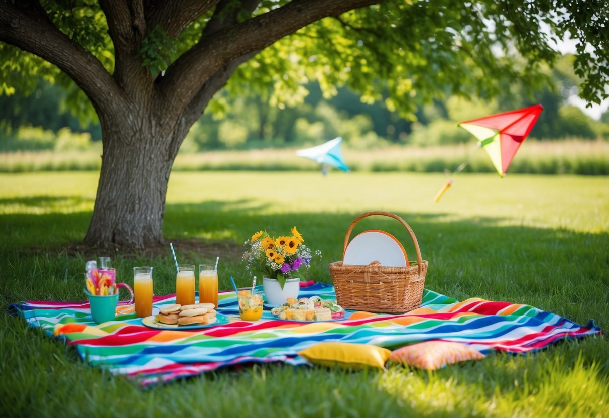 A colorful picnic blanket spread under a shady tree, surrounded by homemade snacks and drinks. A small basket holds a bouquet of wildflowers, and a frisbee and kite lay nearby