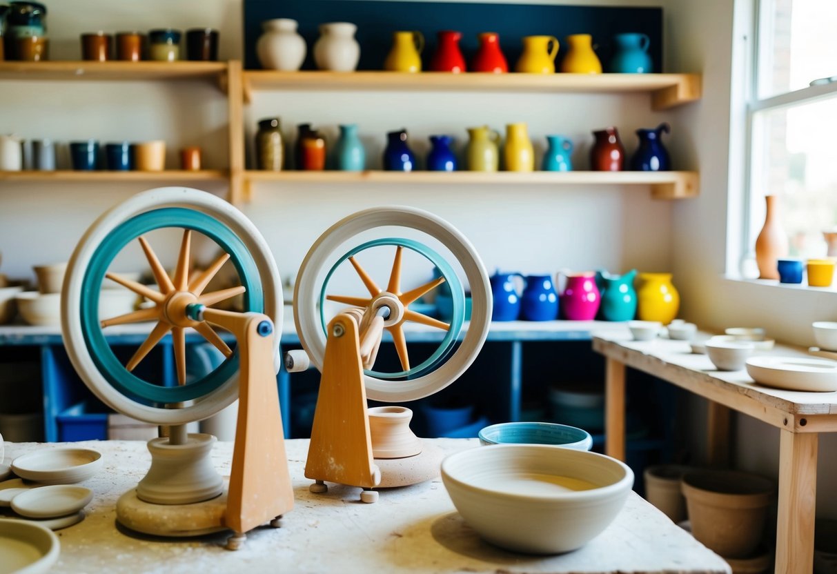 A cozy pottery studio with two spinning wheels, a table of clay, and shelves of colorful glazes