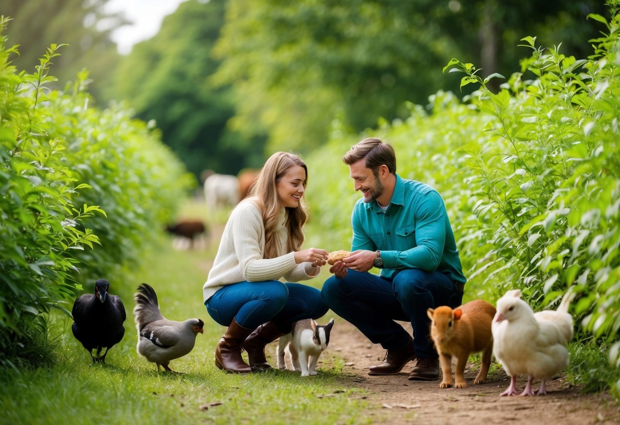 Lush greenery surrounds a couple feeding and interacting with various animals at a nearby animal sanctuary
